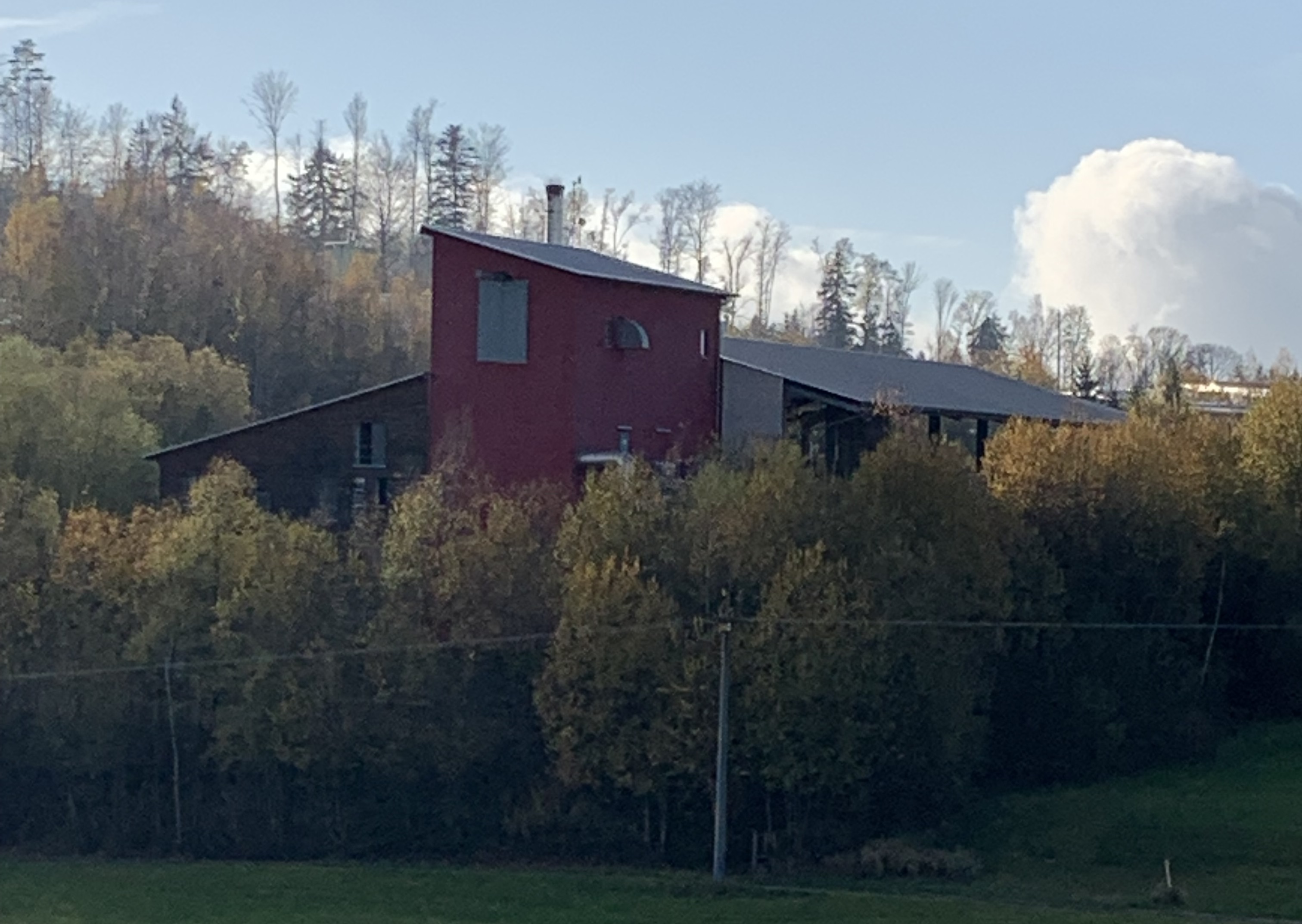 Biomasseheizkraftwerk in Jahrdorf, umgeben von Bäumen.